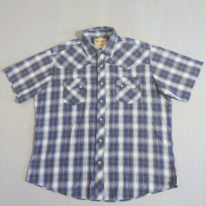 Wrangler western shirt men's size L white blue ckeck pattern short sleeve shirt